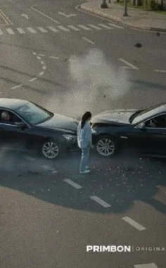 A woman stands between two crashed cars at a crossroads.