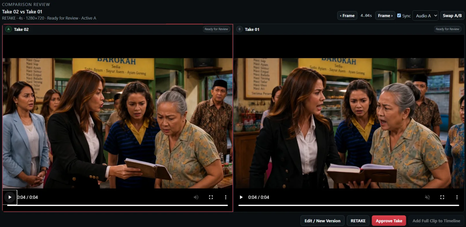 Two takes of the same Warteg Bahagia shot compared side by side before approval.